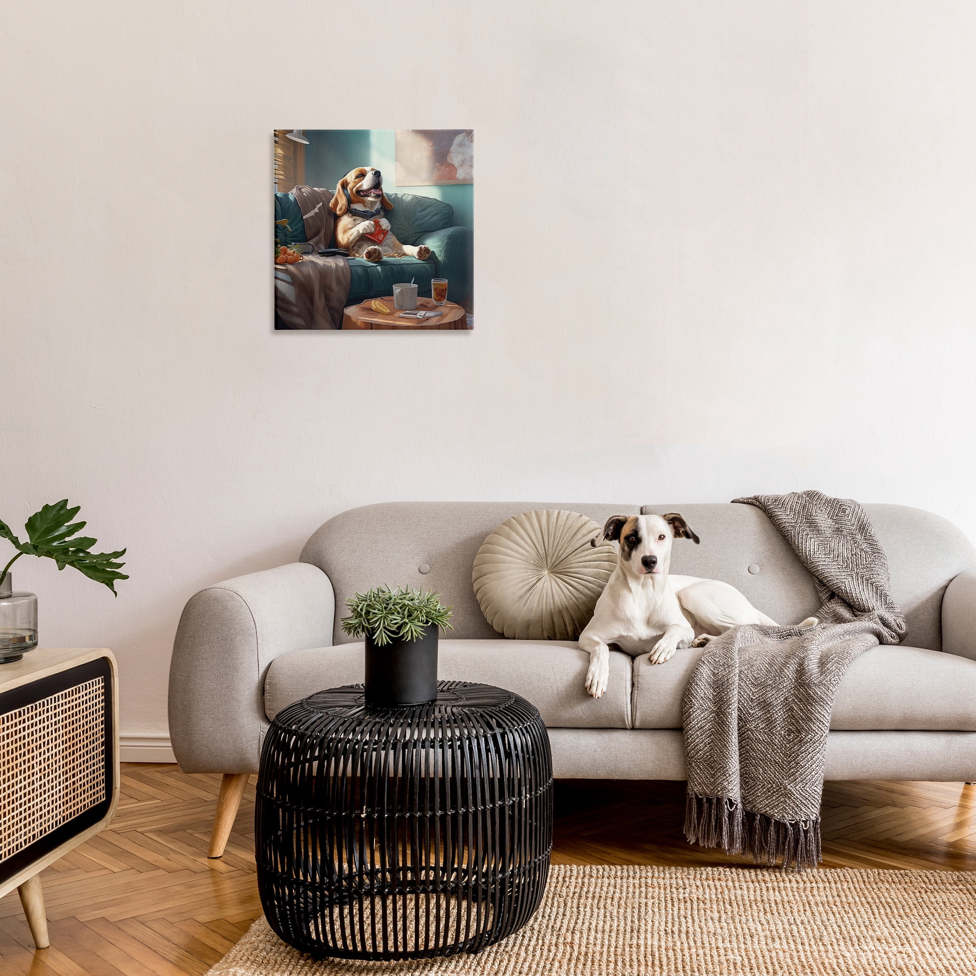 Stupell Industries Happy Dog on Couch Animals & Insects Painting Gallery Wrapped Canvas Art Print Wall Art, 24 x 24