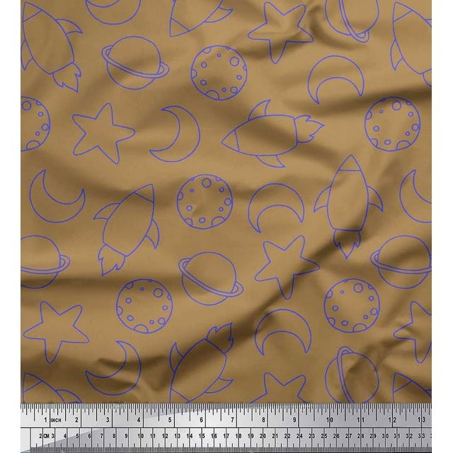 Soimoi Brown Poly Georgette Fabric Planet & Stars Galaxy Decor Fabric Printed Yard 52 Inch Wide