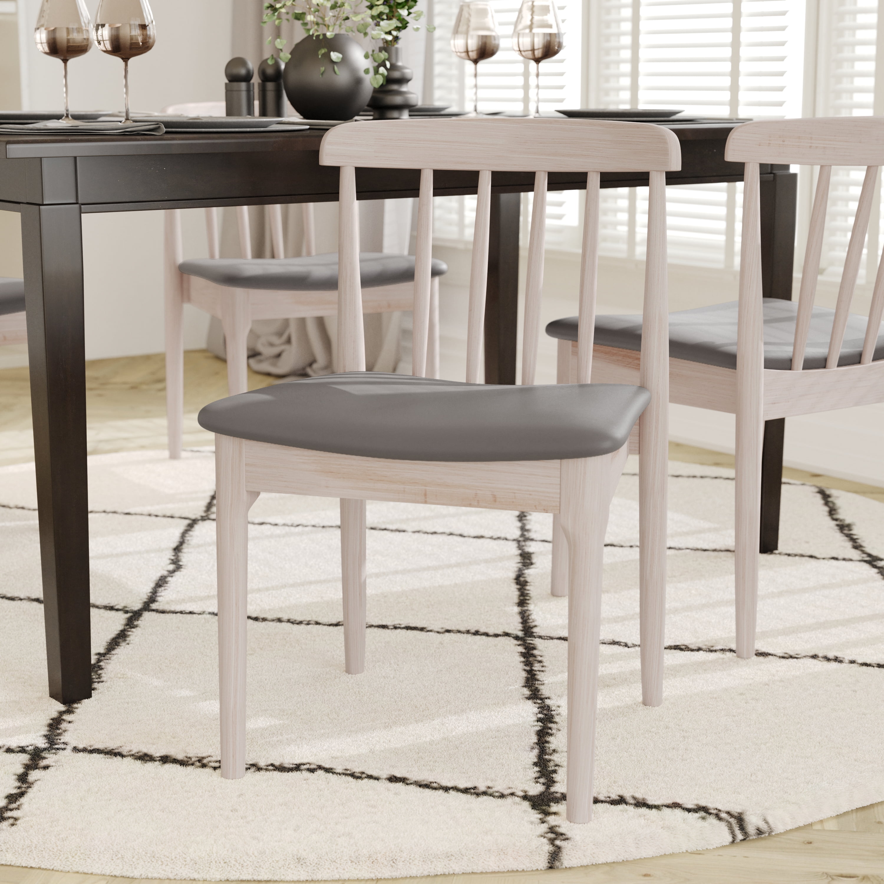Emma + Oliver Set of 2 Solid Wood Dining Chairs with Spindle Backrests and Vinyl Seats, Antique White/Beige