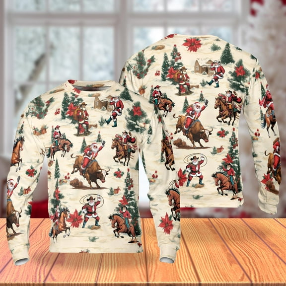 Western Cowboy Santa Christmas Sweatshirt, Funny Rodeo Holiday Crewneck, Santa Riding Horse and Bull, Rustic Country Christmas Pullover for Men Women