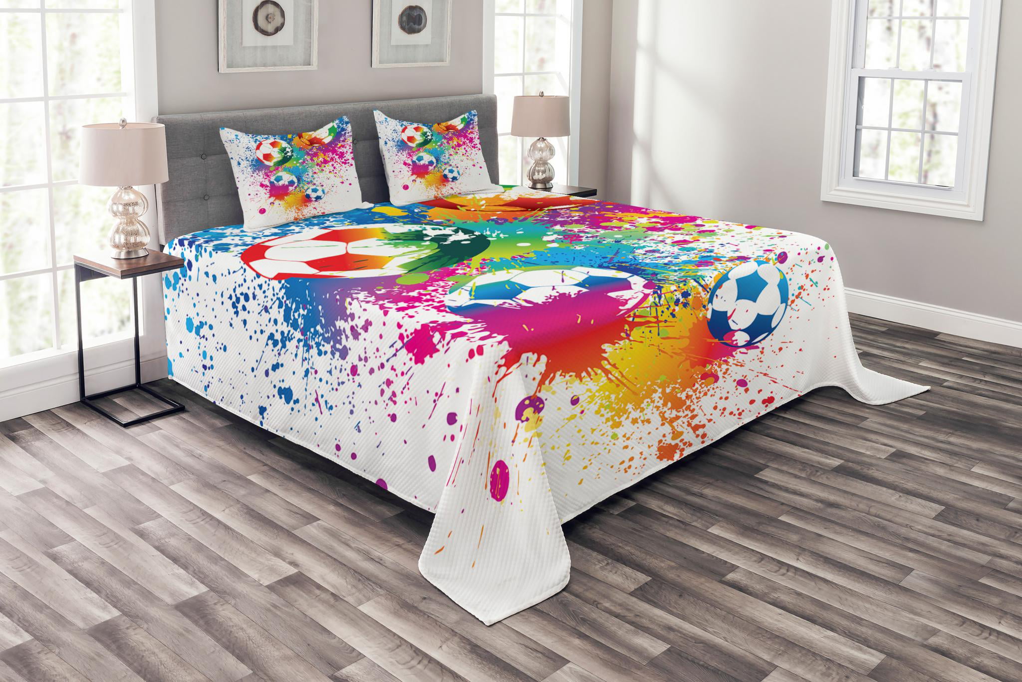 Soccer Bedspread Set King Size, Colored Splashes All over Soccer Balls  Score World Cup Championship Athletic Artful, Quilted 3 Piece Decor  Coverlet 