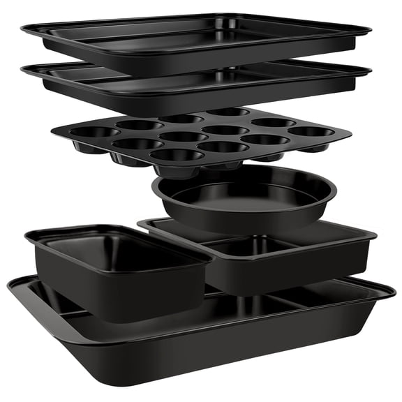 Godance Baking Pans Set, 7-Piece Nonstick Bakeware Sheets Set, Including Cookie Sheet, Deep Roaster Pan, Square Pan, Loaf Pan, Muffin Pan, Carbon Steel Baking Set, Oven Pans for Cooking (Dark Gray)