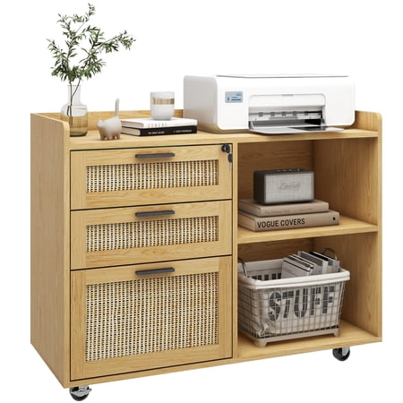 Vabches Filing Cabinet for Home Office, 3 Drawer Rattan File Cabinet with Lock Mobile Printer Stand