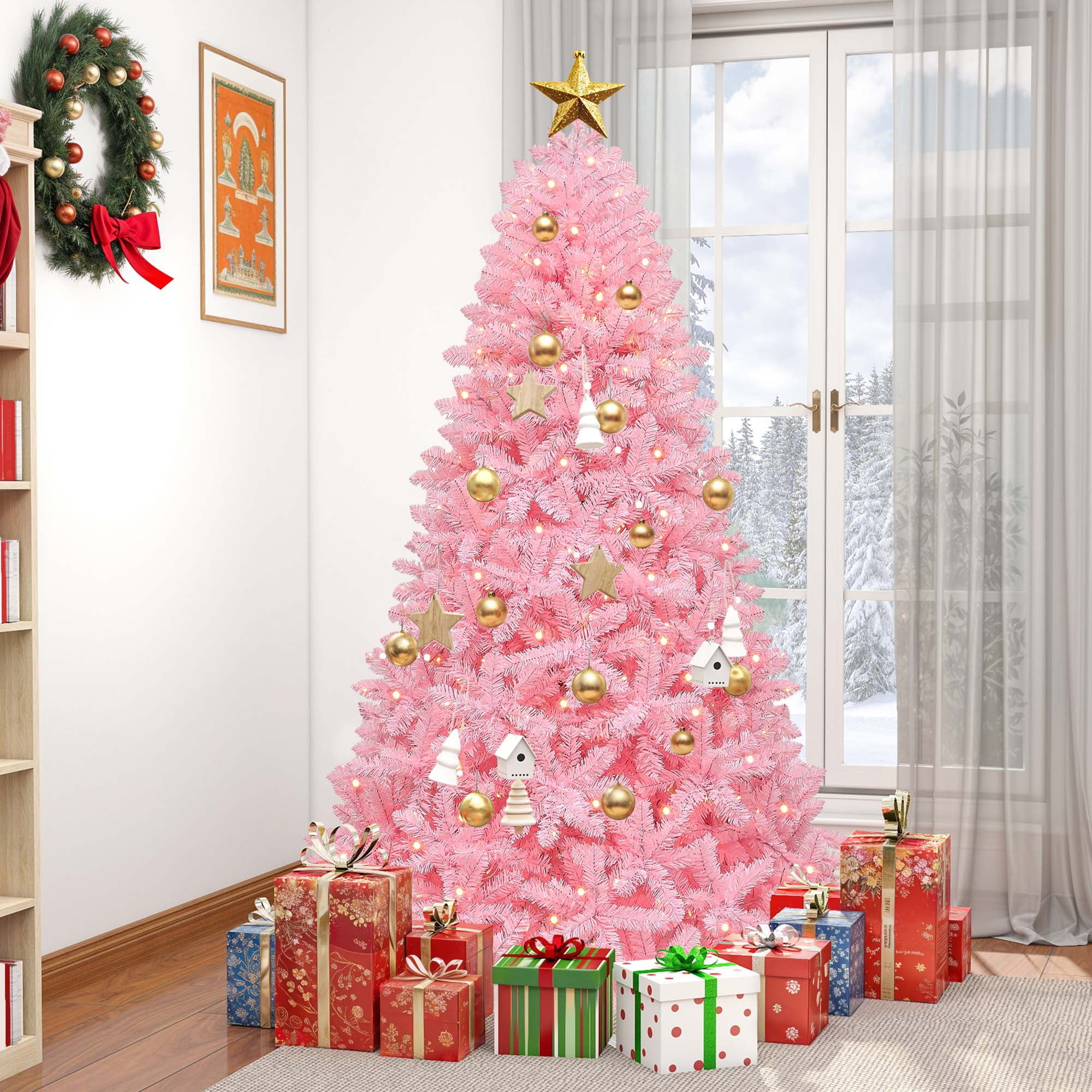 Uforic 6ft Pre-lit Spruce Artificial Christmas Tree with 947 PVC Tips & 250 Lights, Pink