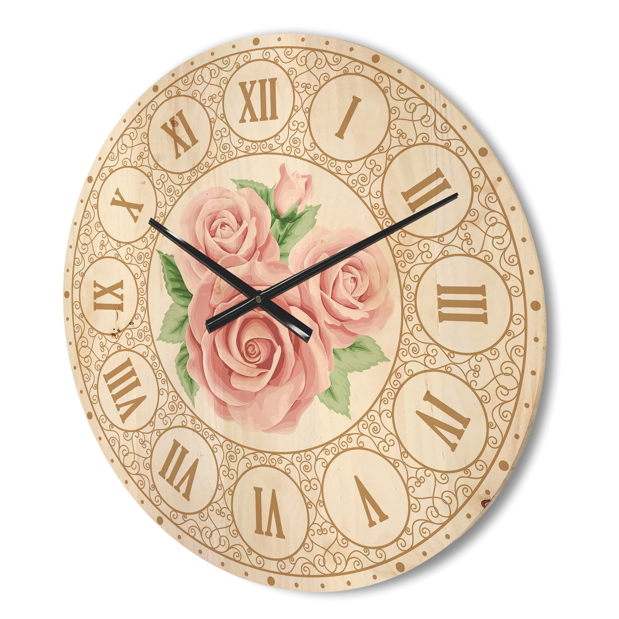 Designart 'Three Pink Roses Shabby Chic Vintage ' Modern Wood Wall Clock