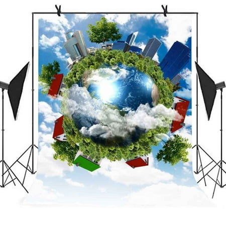 Image of GreenDecor 5x7ft Planet Backdrop Planet Green Plants Tall Buildings Picture Party Photo Shoot Video Curtain Studio Props Background