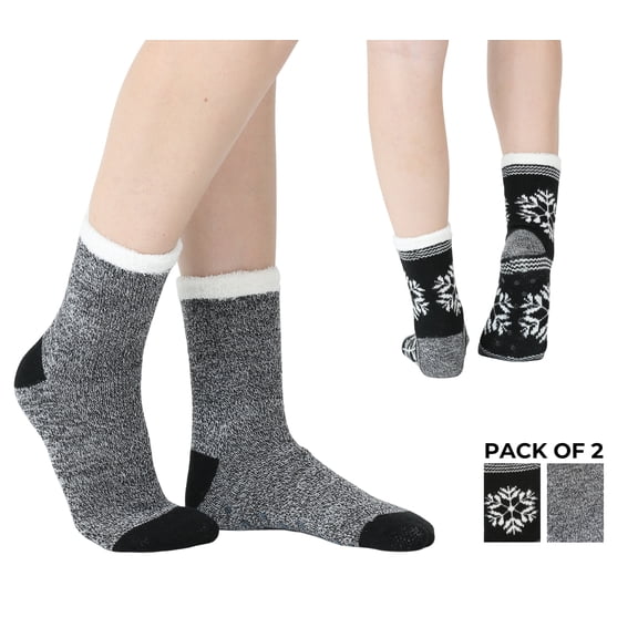 Heat Logic Women'S Ladies Double Layer Jacquard Boot Socks 2 Pair Pack-Black