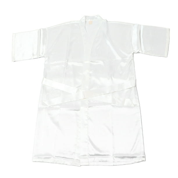 Bata de baño de satén para mujer, cuello en V, cintura con lazo, color liso, elegante, holgada, pijama, ropa de dormir, color blanco M