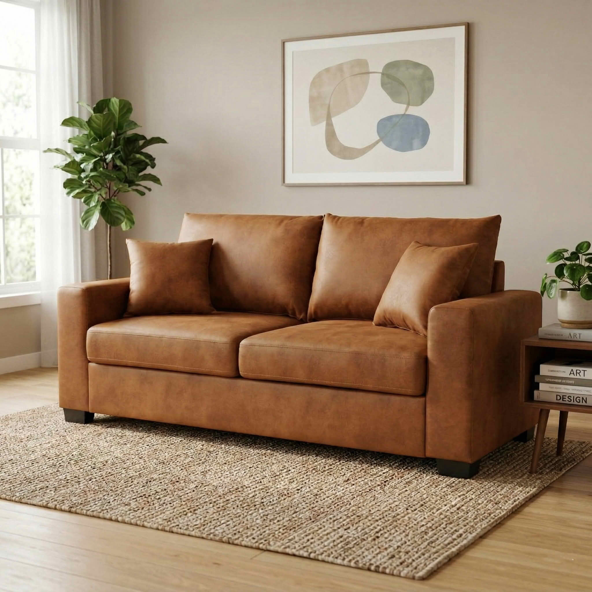 MAYEERTY 69 Inch 2‑Seater Upholstered Sofa, Textured Fabric Couch with 2 Throw Pillows and Plastic Legs for Apartment, Living Room, Home Office