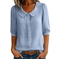 thumbnail image 4 of GERsome 3/4 Sleeve Shirts for Women Button Down Crew Neck Collared Tops Casual Work Summer Blouses,Sky Blue,Size S, 4 of 9