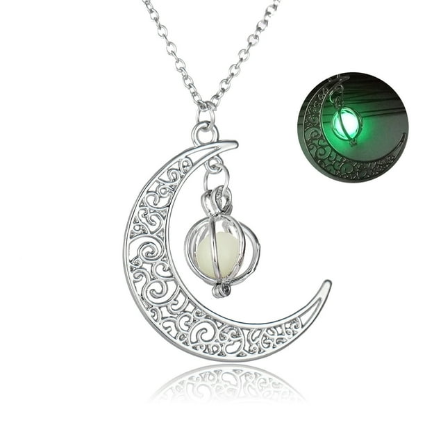 Collar para mujer, joyería para mujer, colgante de piedra hueca que brilla en la oscuridad, collar con forma de media luna y mariposa.