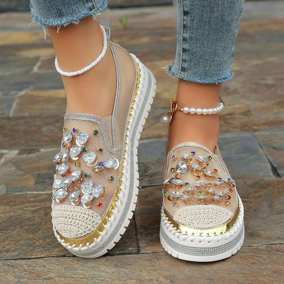Konbeca Womens Flat Loafers Business Casual Slip on Shoes Women Fashion Casual Summer Rhinestone Mesh Shoes Small Style Woven Fisherman Shoes