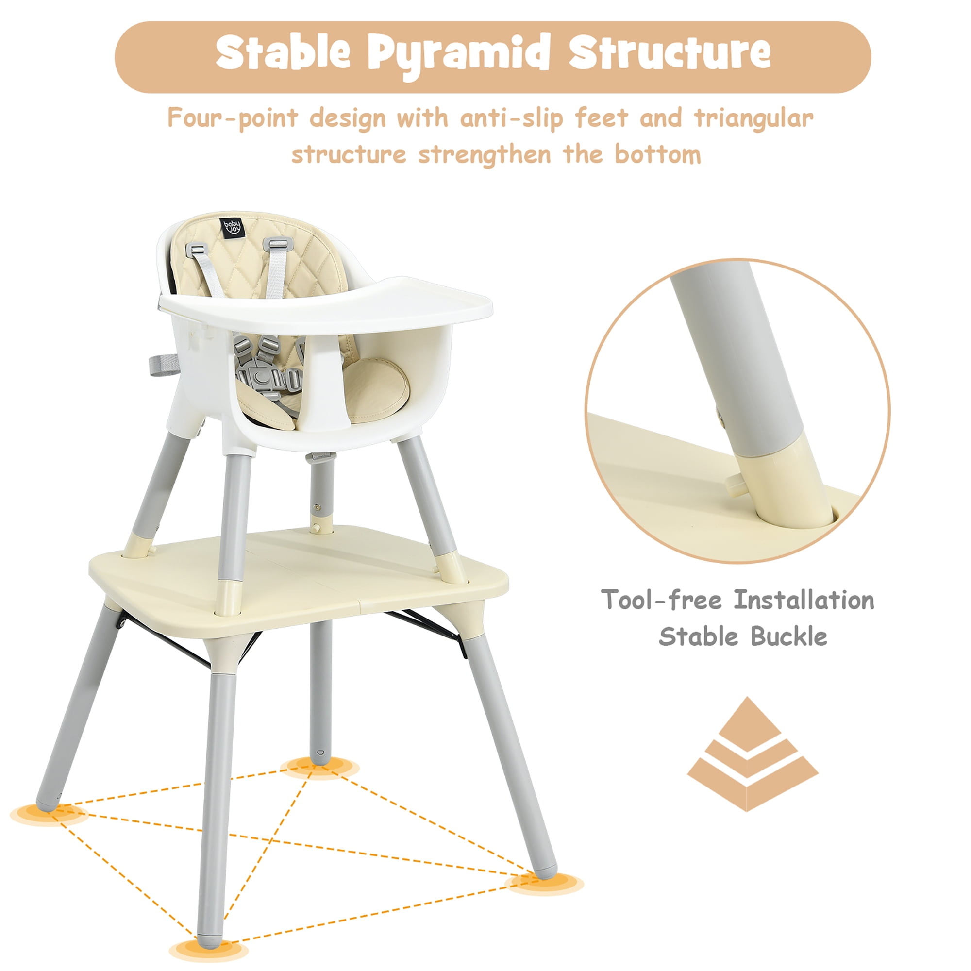 Babyjoy 4 in 1 Baby High Chair Convertible Toddler Table Chair Set with PU Cushion Beige