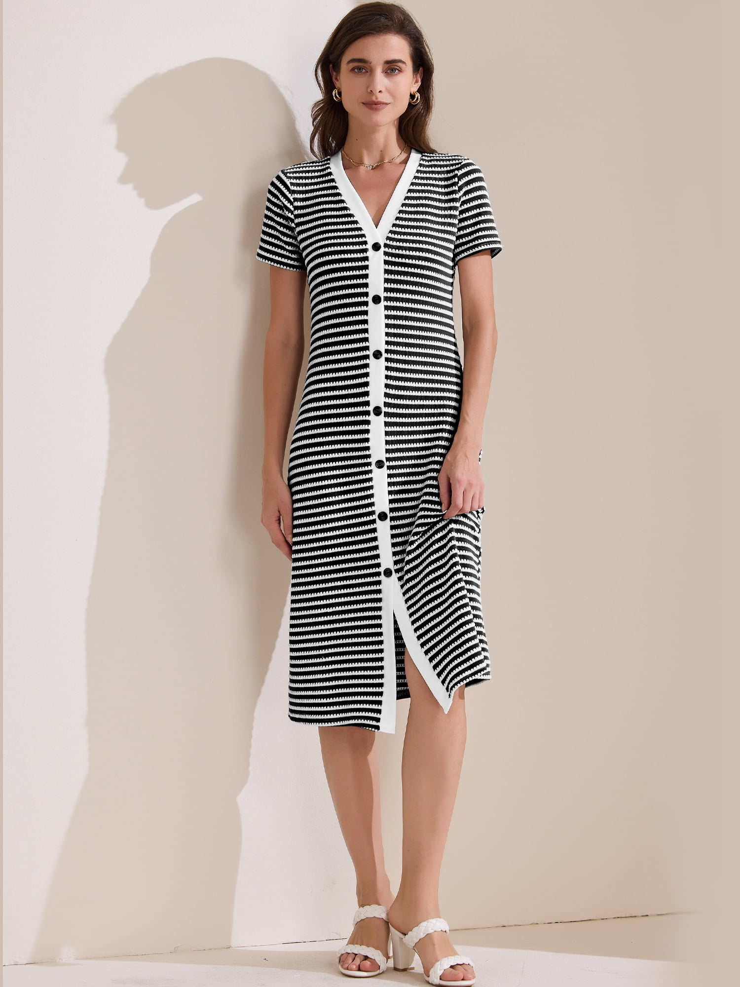 DARING DIVA Striped Ribbed Knit Short Sleeve Midi Dress L Black