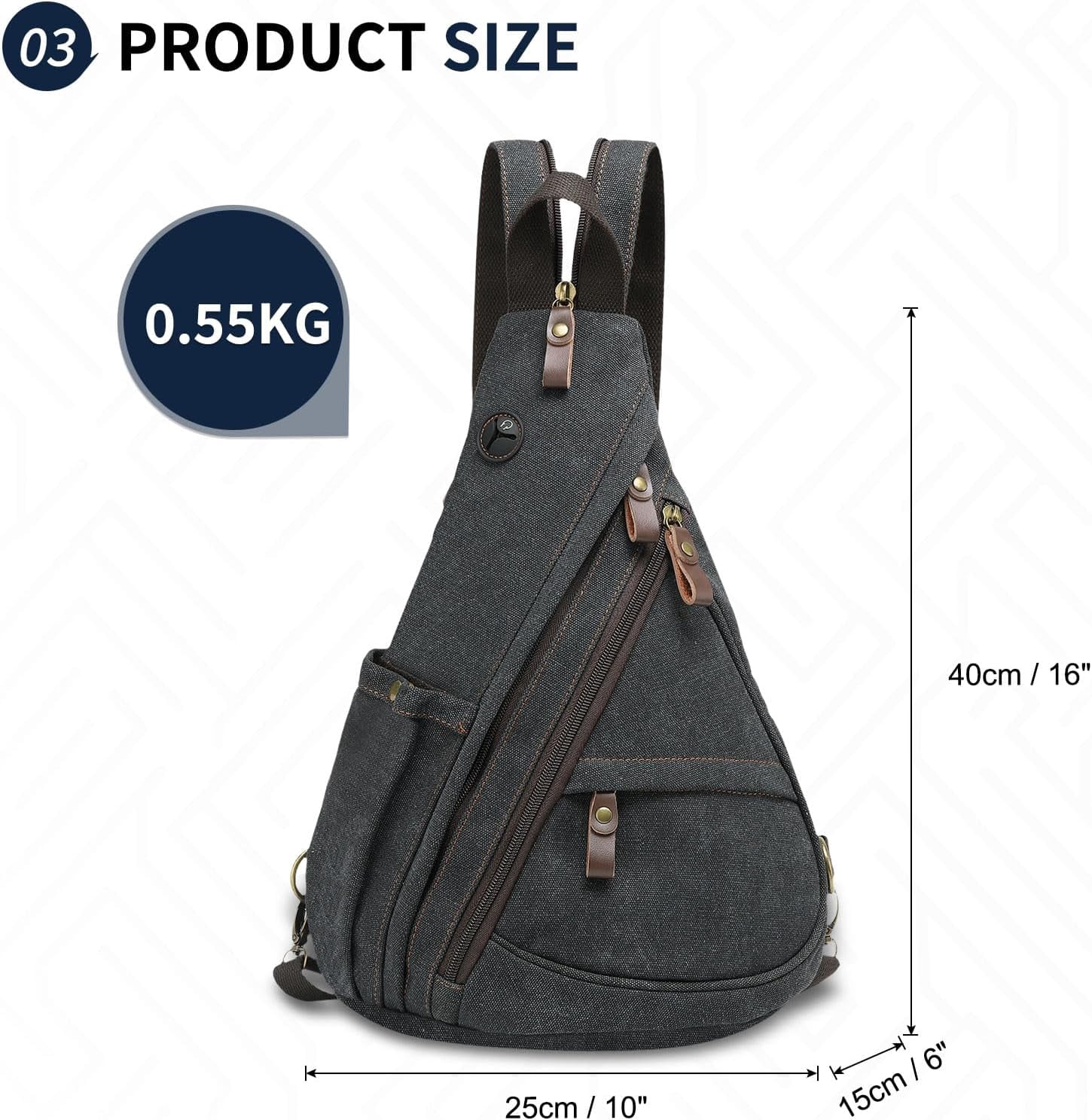 Vintage Canvas Sling Bag with Genuine Leather Zipper, 3 in 1 Crossbody, Backpack, and Chest Bag, for Travel, Hiking, 16x10x6 Inches