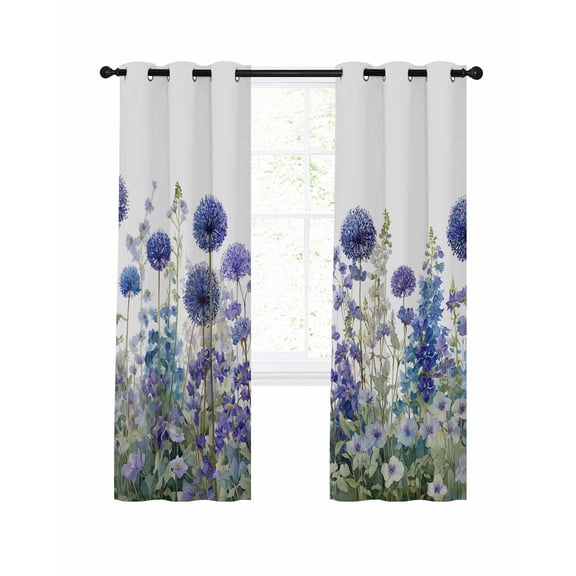 Spring Flower Blackout Curtains for Bedroom Living Room, Watercolor Country Gradient Blue Dandelion Floral Leaf 63 In Long Thermal Insulated Room Darkening Drapes Grommet Window Treatments, 52x63 In
