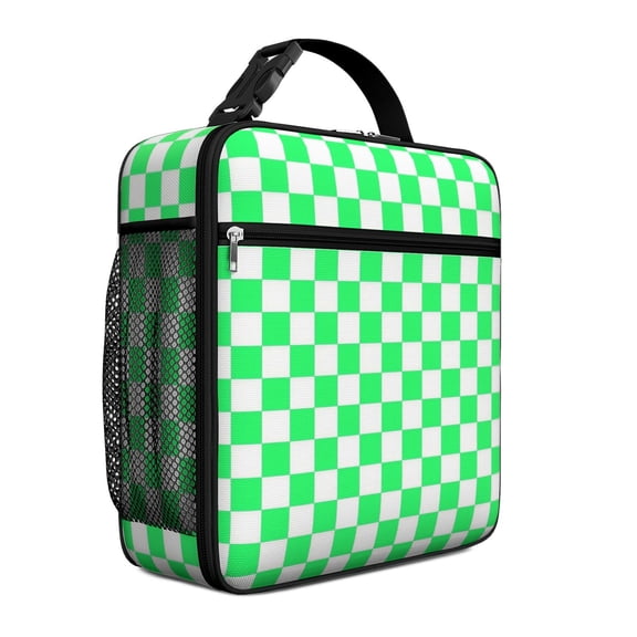 Green and White Checkered Pattern Insulated Lunch Bag Teens,Lunch Box for Men Women for Work,Picnic or Travel,10.2x9.5x4.3 Inches,8 Can Capacity