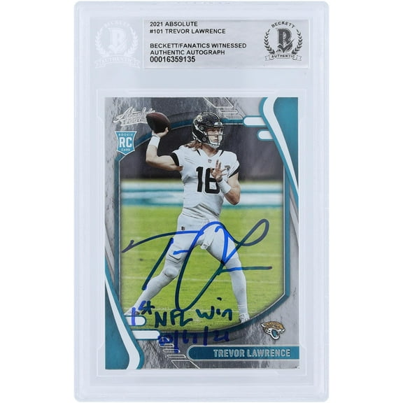 Trevor Lawrence Jacksonville Jaguars Autographed 2021 Panini Absolute #101 Beckett Fanatics Witnessed Authenticated Rookie Card with "1ST NFL Win 10/17/21" Inscription - Fanatics Authentic Certified