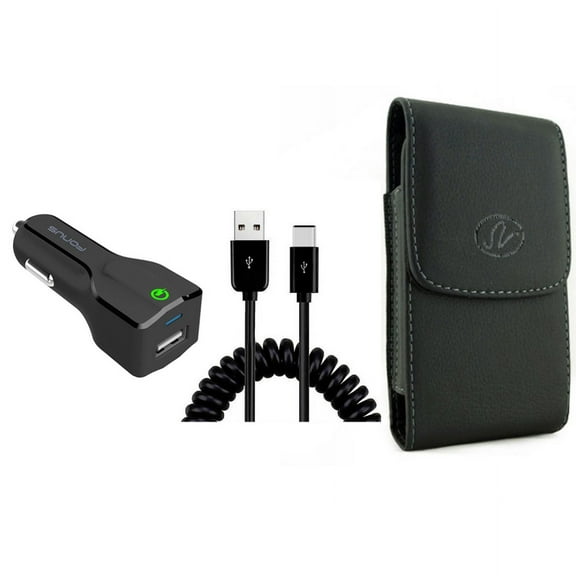 Car Charger & Case Belt Clip for iPhone 15 Pro Max - 18W Fast USB Port Coiled Cable Type-C and Leather Holster Cover Pouch X3O for iPhone 15 Pro Max (6.7")