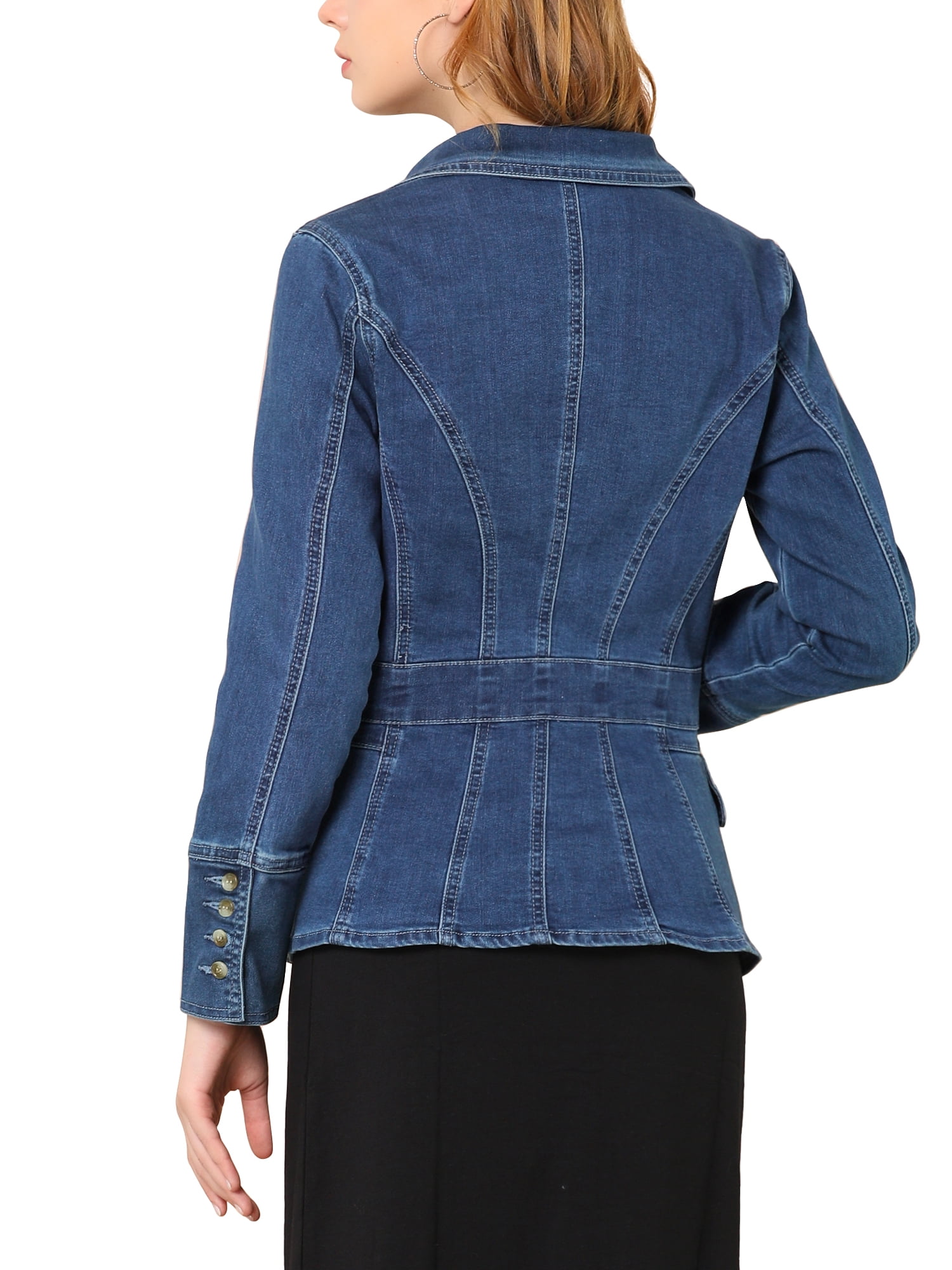 DARING DIVA Women's Lapel Jeans Blazer Denim Jacket W Pockets L Dark Blue