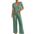 thumbnail image 3 of Feancey Pajamas Sets for Women Summer Short Sleeve V Neck Tops and Pant Lounge Set Ribbed Knit Casual Sleepwear Two Piece Soft Pjs Outfits Green XXL, 3 of 9
