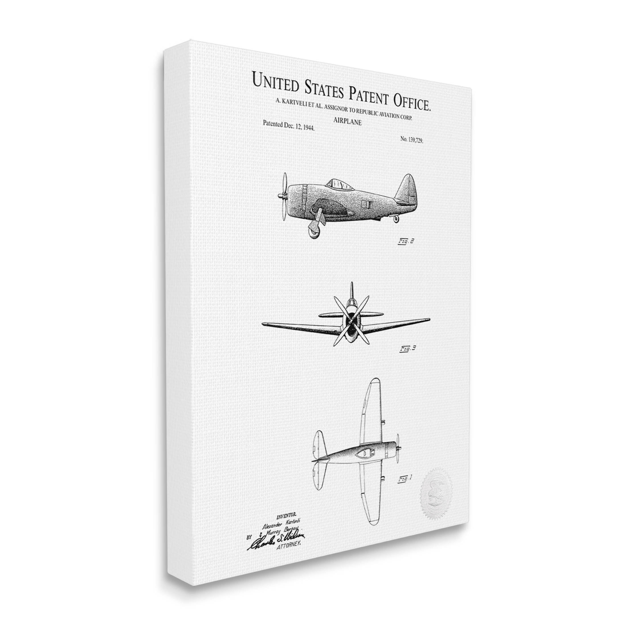 Stupell Industries Detailed Patent US Airplane Graphic Art Gallery Wrapped Canvas Print Wall Art, Design by Karl Hronek