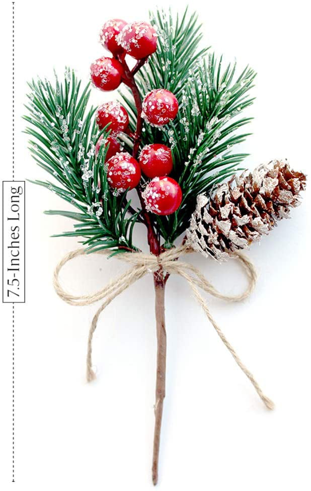 10 PCS Christmas Berry Picks Glitter Christmas Picks and Sprays Artificial Pine Branches with Red Berry Stems Pine Cones Christmas Greenery for Crafts Wreaths Xmas Decorations Holiday Décor 