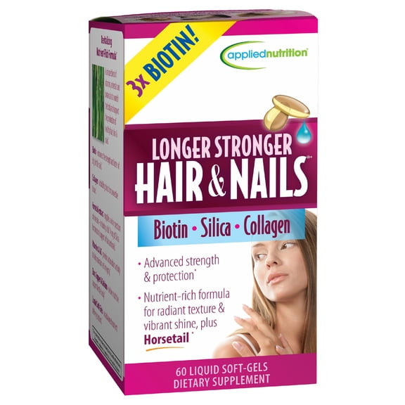 Applied Nutrition Longer Stronger Hair & Nails - 60 Liquid Soft-Gels - Biotin, Silica & Collagen - 30 Servings