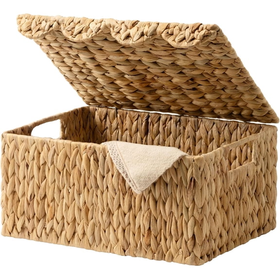 StorageWorks Wicker Basket with Lid, Large Scalloped Woven Basket for Organizing, Rectangular Water Hyacinth Storage Basket with Handles
