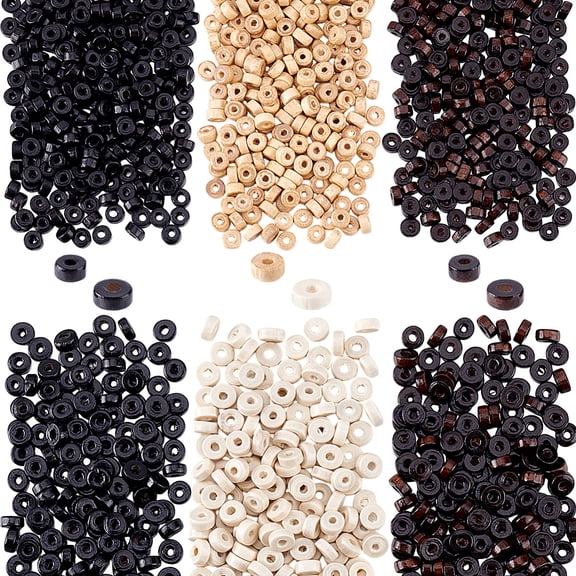 2400Pcs 6 Colors Natural Wood Beads Lead Free Dyed Flat Round Mixed Color 8x3~3.5mm Hole: 2~3mm 400pcs/color