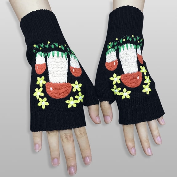 CUZIBR Snow Gloves Cute Cartton Flower Embroidery Knitted Mittens Fingerless Cozy Warm Fuzzy Lined Glove For Cold Weather