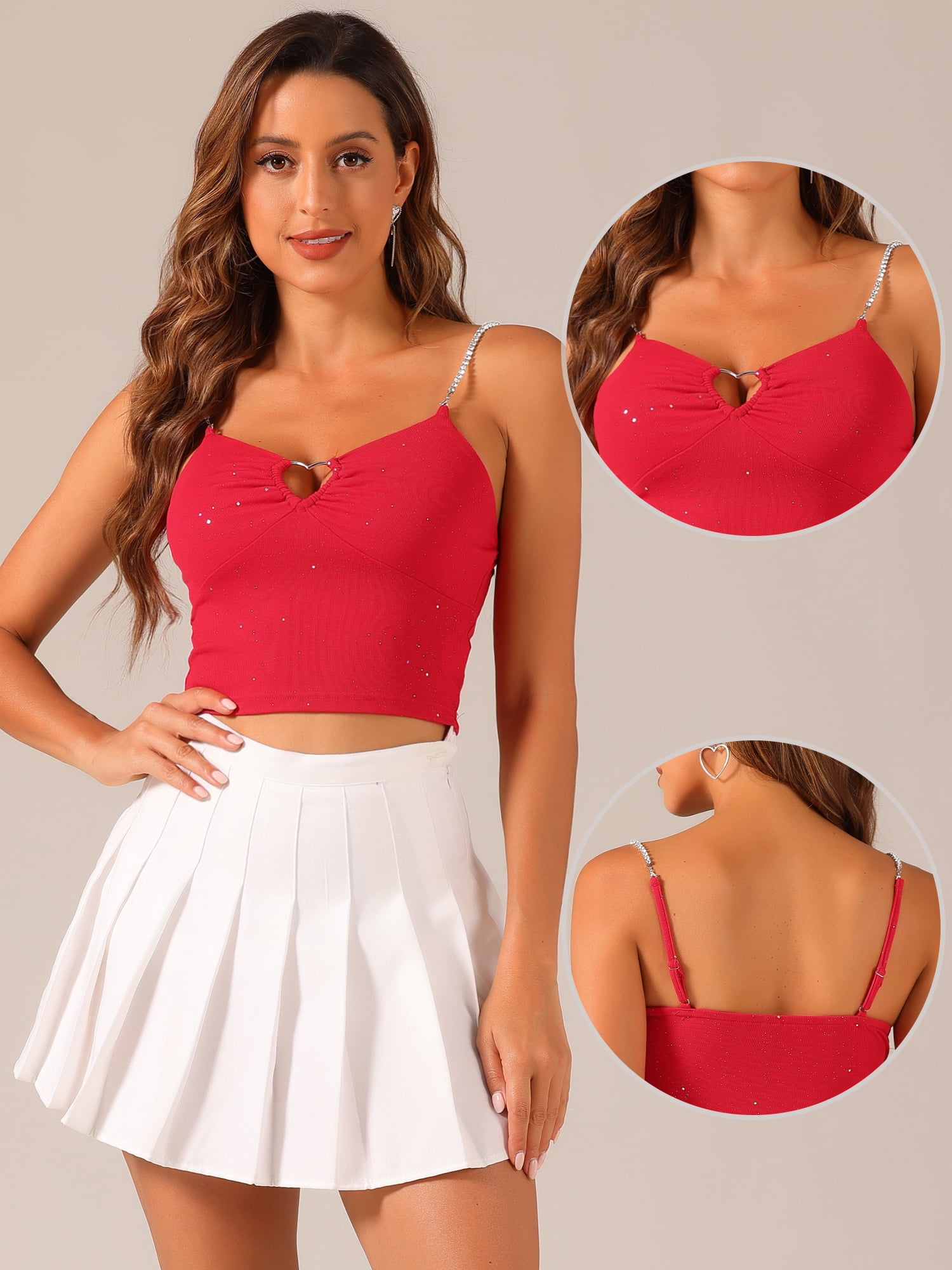 DARING DIVA Women's Glitter Rhinestones Encrusted Cut Out Cami Crop Tank Tops L Red