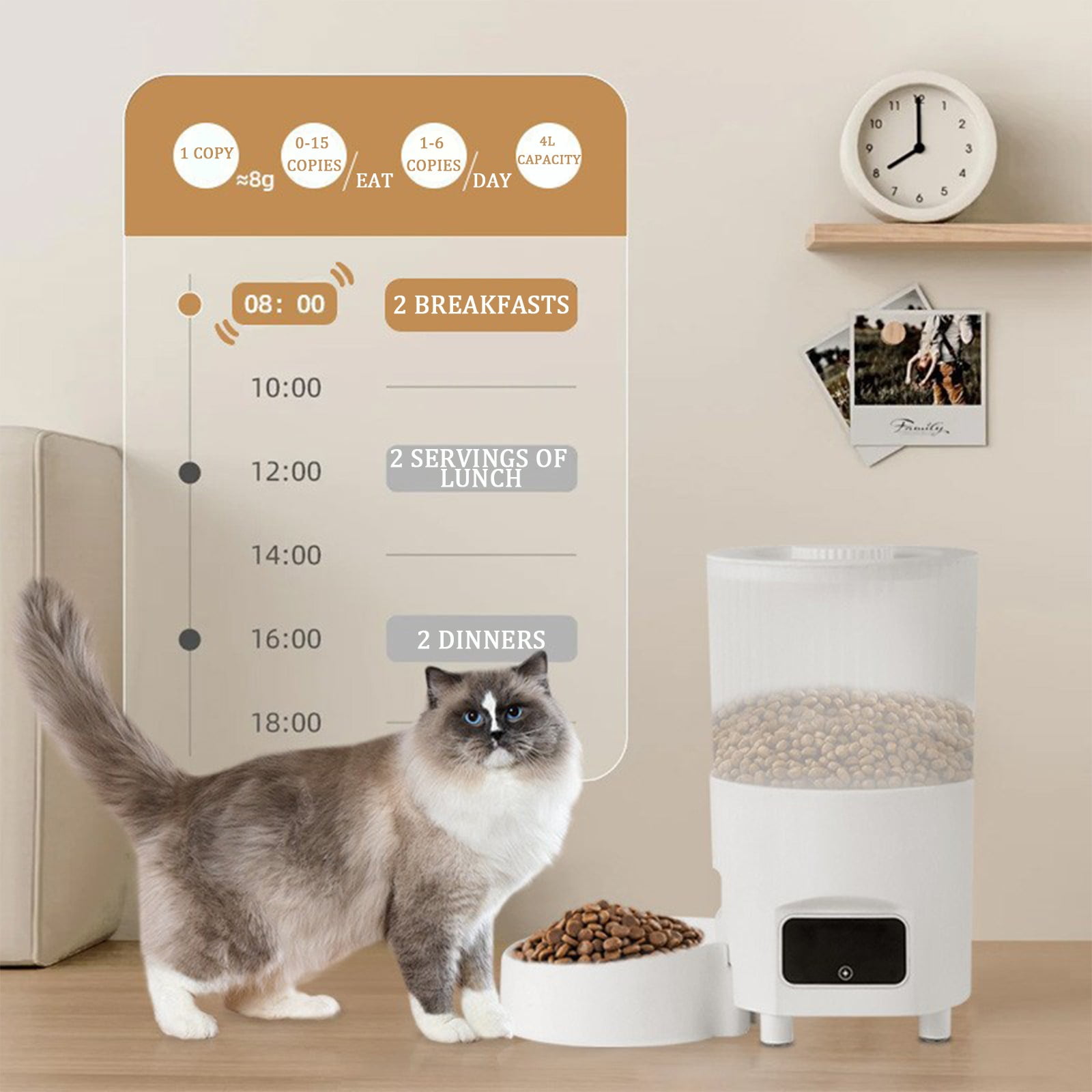 Smart WiFi Automatic Cat Feeder,Programmable Timed Dry Food Dispenser,1-4 Meals Per Day, Portion Control,App Controlled for Remote Feeding,Backup Battery，Plain
