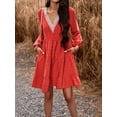 thumbnail image 2 of ZAXARRA Robe d'Été Rétro Imprimé Manches Longues V-Cou Taille Haute Mini-Robe avec Poches, 2 of 5