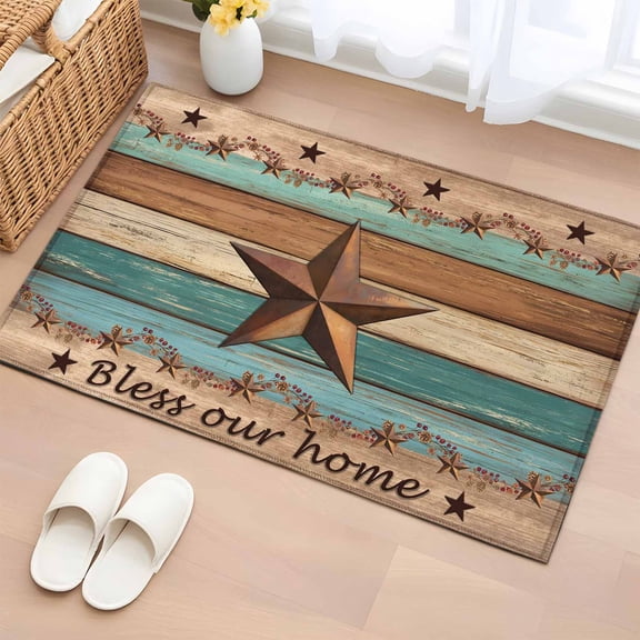 Western Texas Star Retro Entryway Rug 2'x3' Non Slip Front Door Mats, Country Farmhouse Teal Brown Wood Grain Entrance Rugs Indoor Outdoor Carpet, Floor Mats Small Area Rug for Bedroom Kitchen