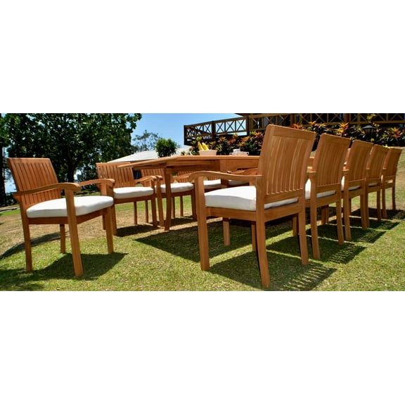 Teak Dining Set:10 Seater 11 Pc -118" Rectangle Table And 10 Stacking Napa Arm Chairs Outdoor Patio Grade-A Teak Wood WholesaleTeak #WMDSNPj