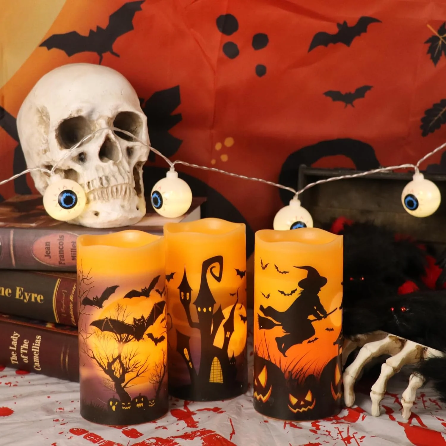 Behome LED Flameless Halloween Candles with Remote and Timer, Battery Operated, Real Wax Flickering Pillar Candles, Flat Wick & Dimmable Light, Castle Witch Bats Holiday Decor(3 Pack, 3 x 6 Inches)