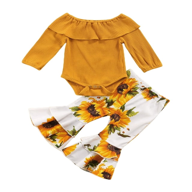 2 Pcs Newborn Casual Outfits Toddler Ribbed Long Sleeve Neck Ruffle Playsuit+Sunflower Print Flared Pants