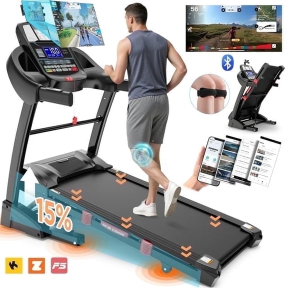 4.5HP Folding Treadmill with 15% Auto Incline, Treadmills for Home, Portable Treadmill 300 LBS, Powerful Motor, Shock-Absorbing Deck, 64 Preset Programs, 10 MPH, Space-Saving Design
