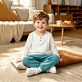 thumbnail image 5 of oelaio Toddler Baby Kid Fall Winter Clothes 2 Piece Outfit Long Sleeve Henley Shirt and Cinch Bottom Pants Set Boys Girls Casual Sweatsuit Sets Light Blue 2 Years, 5 of 6