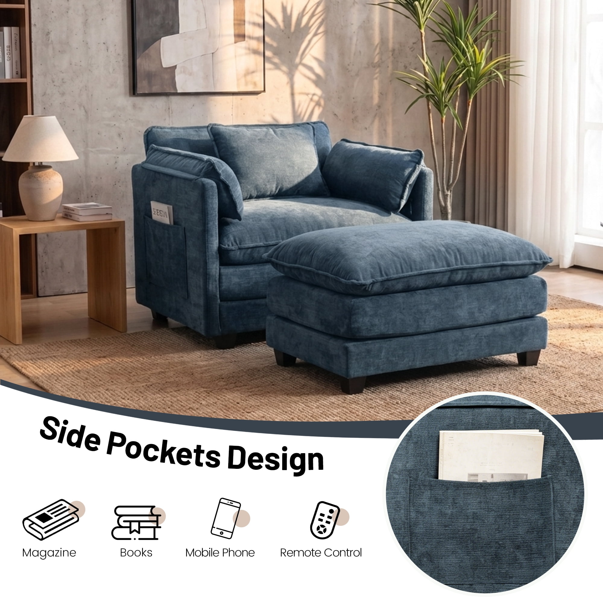 39.76" Oversize Accent Chair wirh Ottoman Armchair Set with Side Pocket