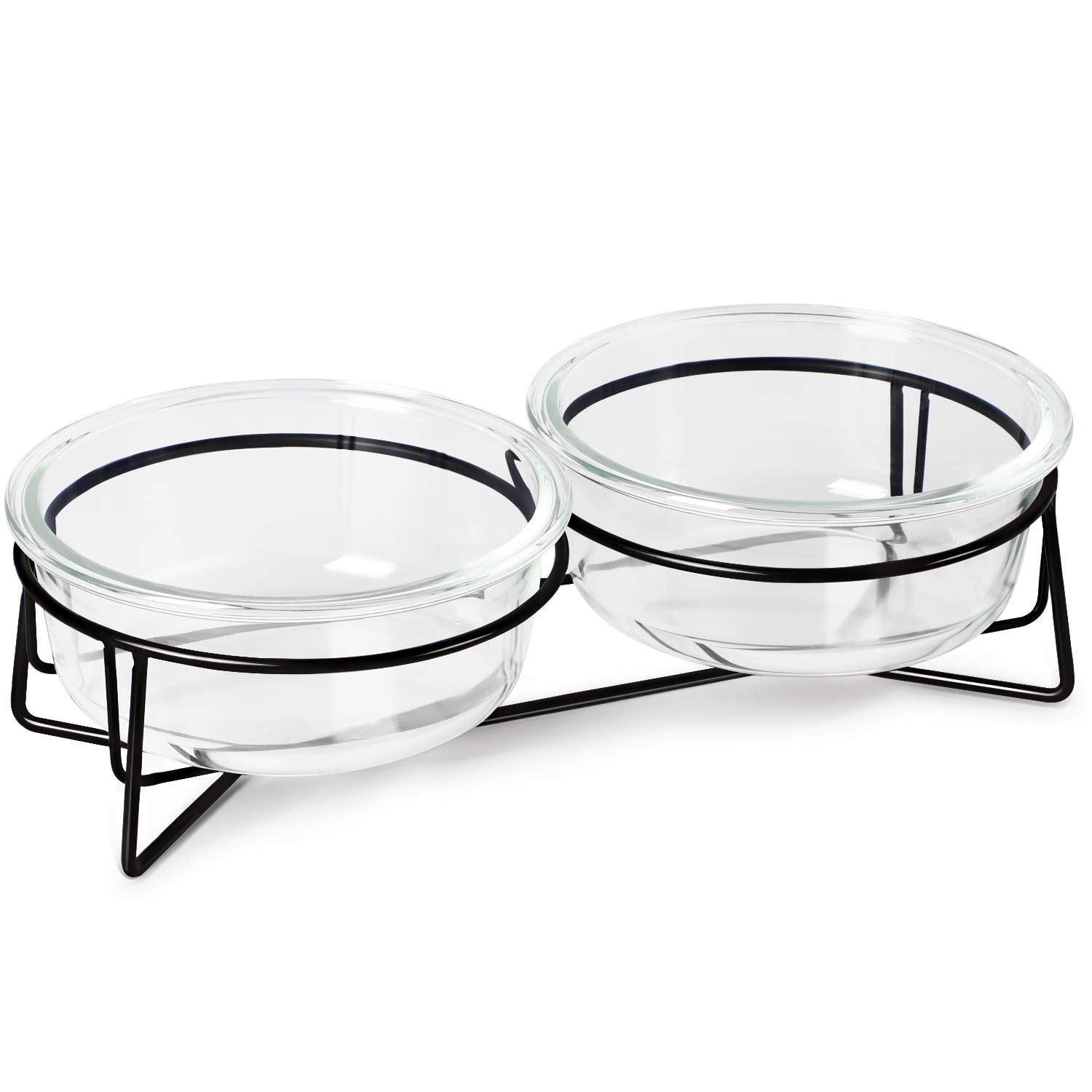 Double Glass Raised Cat or Small Dog Bowls with Metal Stand 20 Ounces