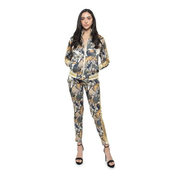 Victorious Women's Jungle Floral Tiger 2 Piece Tracksuit Set - Sweatshirt Jacket and Sweat Pants VL207 - Off-White - Small