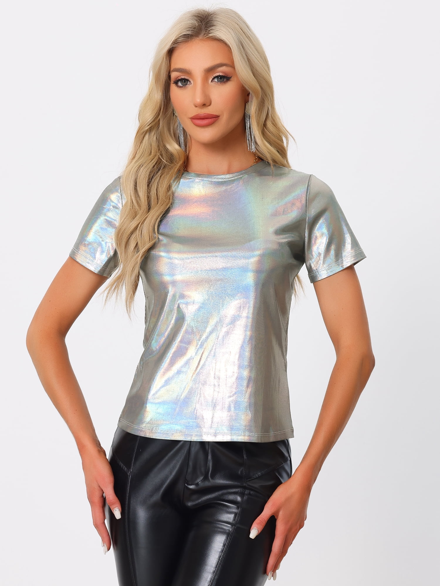 DARING DIVA Party Metallic Textured Short Sleeve Shiny Tops M Shiny Silver