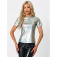 thumbnail image 4 of DARING DIVA Party Metallic Textured Short Sleeve Shiny Tops M Shiny Silver, 4 of 6
