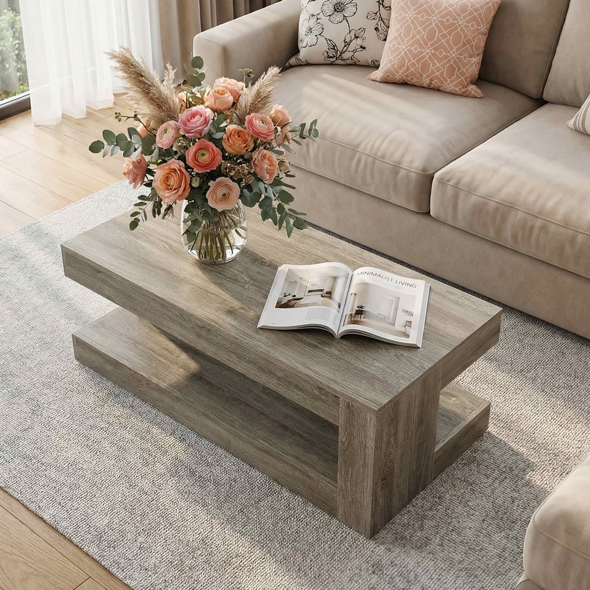 MAYEETY 47.24 Inch Farmhouse 2-Tier Coffee Table Storage Living Room Tea Table