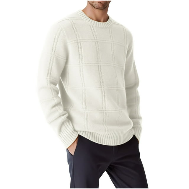 Lekwk Chandail Col Rond Homme Manches Longues chandail Décontracté Tricoté à Carreaux Automne Hiver Couleur Unie Classique