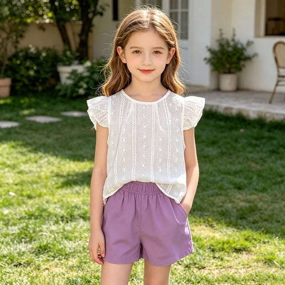 Girls 2 Piece Outfits Children Summer Sets Little Girls Short Sleeve T Shirt Elastic Waist Drawstring Shorts Solid Color Soft Comfortable Stretchy Sports Purple 8-9 Years