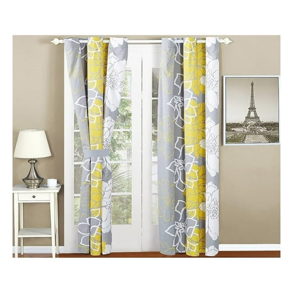Flower Curtain Set 4pc - Yellow/Grey Reversible Bedspread Panels - 60x84 inch Polyester Window Treatments with Tiebacks - Bedroom Decor