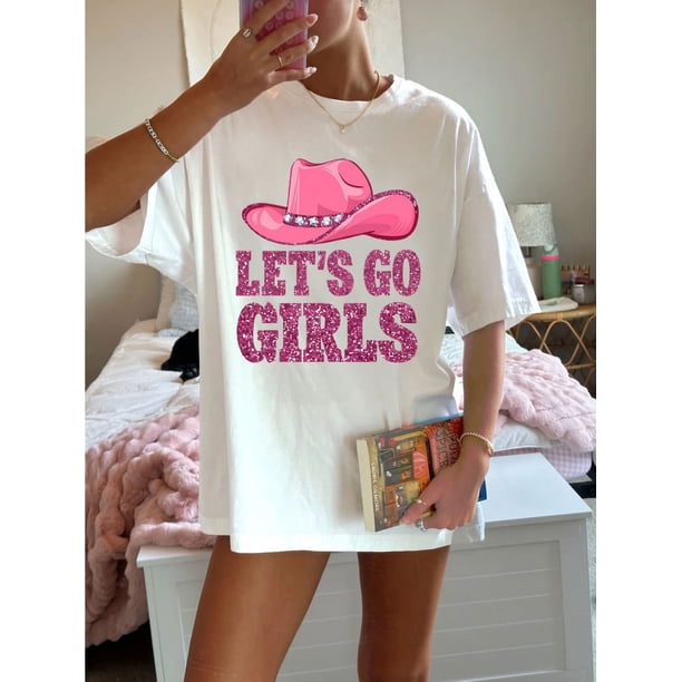 Cowgirls Let'S Go To The Party Patterned Print, Women'S Casual Crew Neck T-shirt, 100% Cotton Knit Fabric, Regular Length, Summer Style